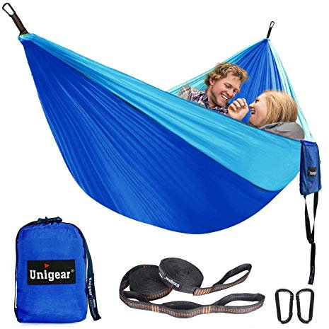 Unigear Hängematte 2 Personen Ultraleicht, 320X200cm Hammock Reisehängematte Camping Outdoor Garten Hängematten aus Fallschirmseide 300kg Tragelast, mit 1 Paar Aufhängeset+2 Alu Karabiner