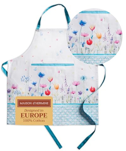 Maison d'Hermine Schürze, 100% Baumwolle (70 cm x 85 cm) | Verstellbarer Nackenriemen, Clothapron mit Mitteltasche und langen Bändern für Damen, Herren