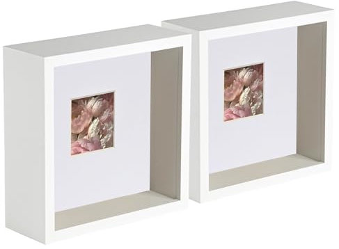 Nicola Spring 3D Deep Box Fotorahmens - 6 X 6 mit 2 X 2 Montierung - Weiß/Weiß - Pack Von 2