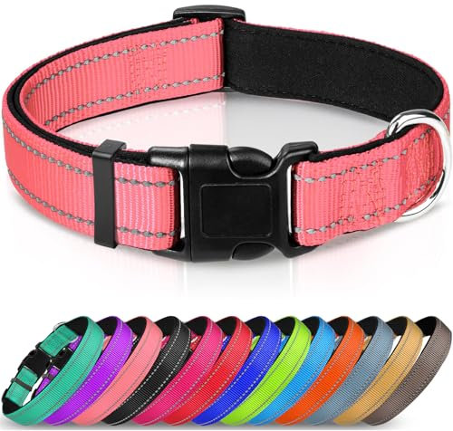 Joytale Halsband Hund, Gepolstertes Hundehalsband Breit aus Neopren Nylon Hundehalsband Verstellbar für Große Hunde, Weich und Reflektierend Hundehalsbänder, L, Rosa