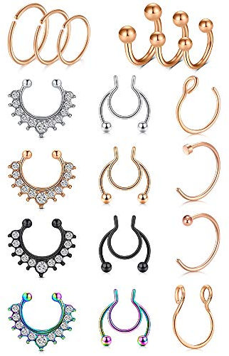 VF VFUN Fake Septum Ring Stainless Steel Clip On Non-Pierced Fake Nose Hoop Rings Nostril Hoop Jewelry for Women Men