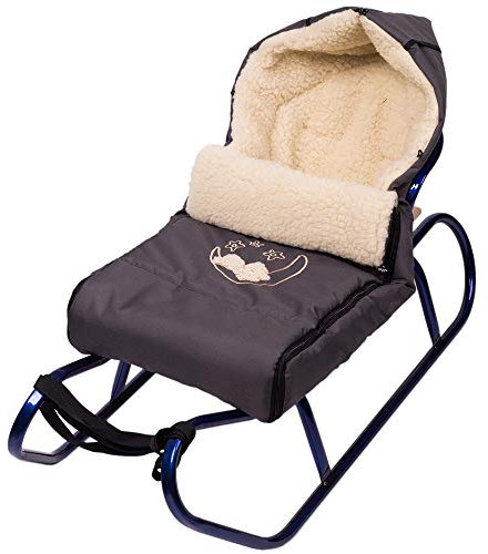 Holzschlitten Kinderschlitten aus Buchenholz Rückenlehne inkl. Zugseil + Winterfußsack Schlittensack 40 x 90 cm Fußsack Schlitten Kinderwagen (Anthrazit)