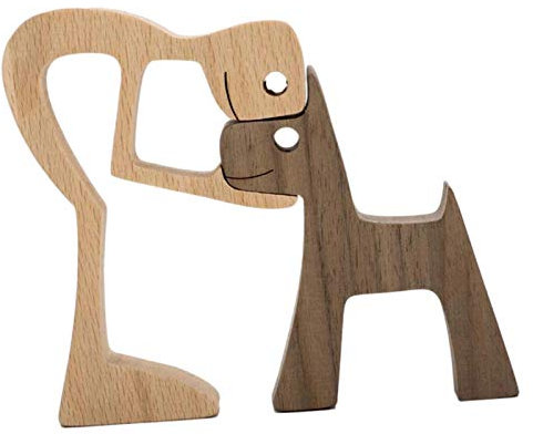 courti Neueste Holzfiguren Skulptur Ornamente Set, abstrakte Stil Menschen mit Hund Statue, Freundschaft zwischen Hund und Menschen Denkmäler Statue für