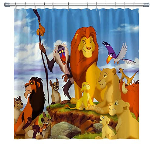 Kinder Löwe Duschvorhang König der Löwen Cartoon Tiere Kinder Bad Vorhang Set, Waschbarer Stoff Kinder Badezimmer Duschvorhänge mit Haken, Blau Gelb (180 x 180 cm)
