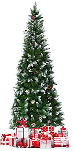 DREAMADE Sapin de Noël Artificiel Enneigé 180CM/220CM avec 29/39 Pommes de Pin, Arbre de Noël au Crayon avec Support en Métal et Feuilles en PVC (220 cm)