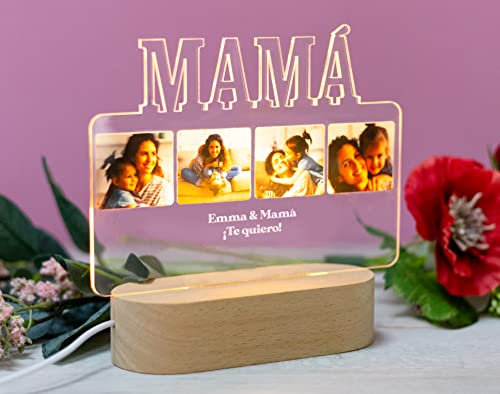 Made in Gift Lámpara de Metacrilato Personalizada “Mamá” 20x17cm con Fotos y Textos de Base de Madera Luminosa 14,5x6x3,5cm con Luz Blanca de Cable USB como Regalo Original para el Día de la Madre