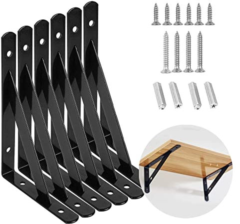 6 Pezzi Staffa per Mensola Triangolare, 15 x 9.5cm Pesanti Supporti Appesa Muro, Tipo L Staffe per Mensole a Parete, Scaffali a Parete Impieghi Gravosi con Viti per Capannone, Libreria, Nero
