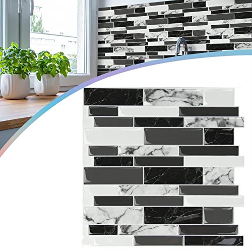 LZQ 10 Blatt Klebefliesen Küche Selbstklebende Backsplash Fliesen 3D Fliesenaufkleber Spritzschutz Wasserdicht Marmor Design für Küche Bad (30 × 30 cm, Schwarz)