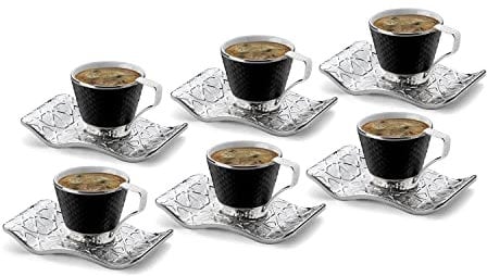 Espresso Turkish Coffee Cups with Metal Holders and Saucers Set (Black - Silver)