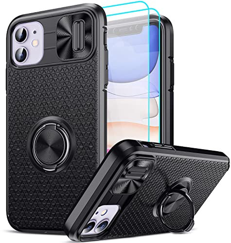 LeYi for iPhone 11 phone case with [2 Tempered Glass Screen Protector], Slide Camera Cover & Built-in Ring Holder, Armour Military Protective Shockproof kickstand Cover for iPhone 11 6.1 inch -Black