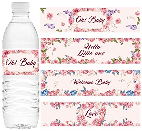 CREATCABIN 100 Pcs 4 Styles Étanche Baby Shower Bouteille D'Eau Étiquettes Rose Bouteille D'Eau Wrappers Floral Bouteille Étiquettes Unisexe Bouteille D'Eau Autocollant Étiquettes Décorations pour Bab