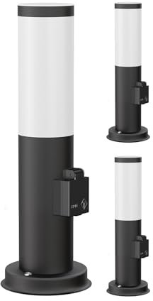 ledscom.de 3 pièces Borne d'éclairage PORU avec prise de courant pour l'extérieur, noir, rond, 38,5cm, lampe E27 incluse, max. 963lm, blanc chaud
