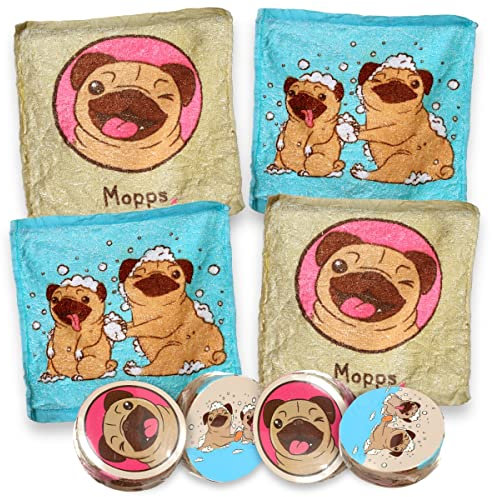 MIK funshopping Set Magischer-Waschlappen Zaubertuch Zauberhandtuch, Mitgebsel Kindergeschenk Tombola (4er Set Mops)