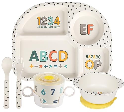 Greentainer Kids Cartoon Dinnerware Set - Children Dishes Food Plate Bowl Cup Spoon Fork Set, Dishwasher Safe, Kids Dishware Tableware Healthy Mealtime, BPA Free,7Pcs/Set-ABCD