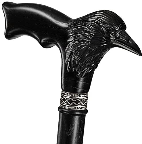 Asterom Handgefertigter Gehstock aus Holz geschnitzt für Damen und Herren - Rabe - Stilvoller Gehstock Gothic Crow Cane (Schwarz)
