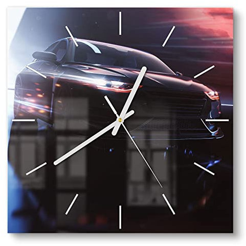 DEQORI Glasuhr | 30x30 cm | Motiv Sportwagen im Tunnel | ausgefallene leise Design Uhr aus Glas | Wanduhr für Wohnzimmer & Küche | Moderne Hingucker Uhr für die Wand
