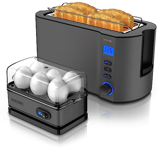 Arendo - SET Toaster MANHA mit Eierkocher SIXCOOK Edelstahl Cool grey, Toaster 4 Scheiben LED-Display 6 Bräunungsgrade Brötchenhalter, Eierkocher 1-6 Eier, Messbecher
