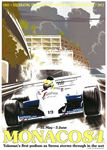 Grand Prix Formula One Monako 1984 Poster A4 - Filmkunstposter in verschiedenen Größen für Wohn- oder Schlafzimmerideen. Randlose Kultfilmbilder, klassische ikonische 70er, 80er, 90er Jahre, Vintage-