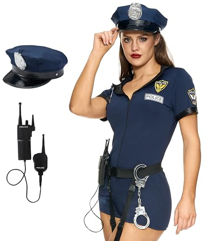 Spooktacular Creations Conjunto de disfraz de policía azul para mujer con mameluco, cinturón, sombrero, bastón, esposas, Walkie-Talkie para adultos, Halloween, fiesta, cosplay