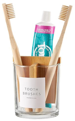 Onsogi Zahnbürsten- und Zahnpasta-Halter aus Glas mit Bambus-Trennwand für Badezimmer-Arbeitsplatte, Zahnbürsten-Organizer-Ständer für Badezimmer, Waschtisch-Arbeitsplatten – 1 Packung