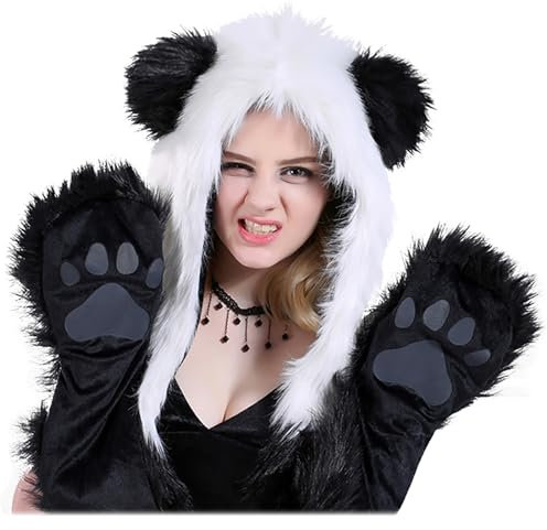 Malaxlx Damen Herren Winter Kunstpelz Flauschig Pelzigen Panda Tier Kapuze Mütze mit Ohren Schal Pfoten Prints Tasche Handschuhe 3 in 1 Combo