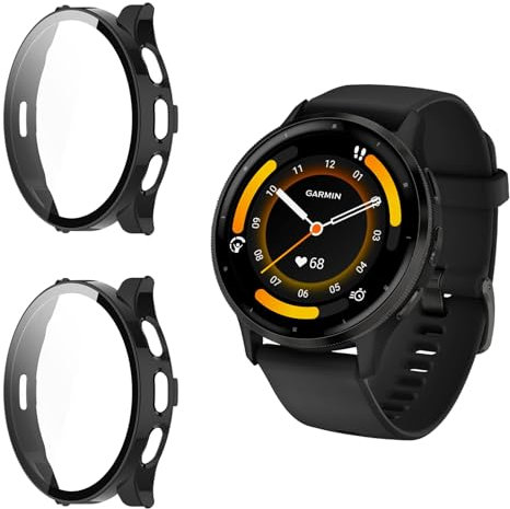 Funrae Hülle Kompatibel mit Garmin Venu 3 [2 Stück], PC Gehäuse mit Hartglas Displayschutz Schutzhülle Vollschutz Kratzfest Ultradünner Puffer Schutz Case - Schwarz