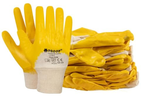 PROOF COMFORT & SAFETY Arbeitshandschuhe Handschuhe 12 Paar Schutzhandschuhe Nitrilbeschichtung Baumwolle Größe 8 Citra Grau Gelb