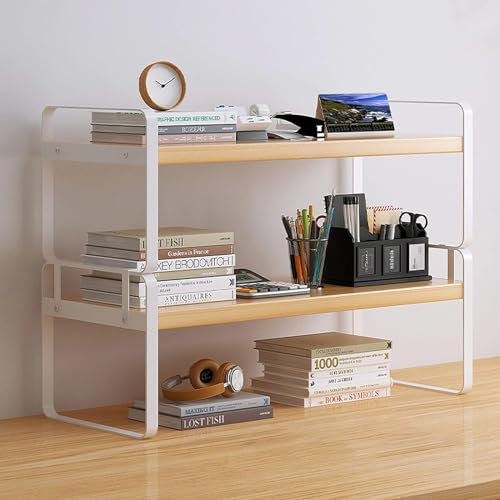 Wood Office Desk Shelf Organizer - Desktop Supplies Cute Dresser Top Organization Storage Rack and Cubicle Decor Aesthetic Bookshelf for Women Man and Kids