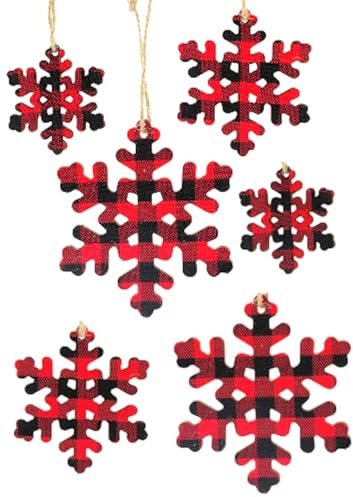 The Bridge Collection Rote Büffelkarierte Schneeflocken-Ornamente – Set von 6 – Zuhause für die Feiertage – Buffalo Plaid Weihnachtsdekoration – Plaid Ornamente für Weihnachtsbaum – Schneeflocke