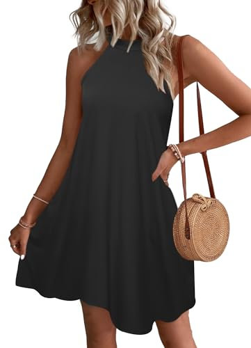 WNEEDU Abito Donna Estivo Vestito Spiaggia Senza Maniche Abito Cort Casual Collo Sospeso Copricostume con Tasche Nero S