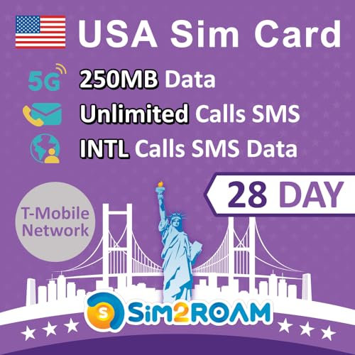 USA Ultra SIM-Karte 28 Tage|250 MB 5G/4G-Hochgeschwindigkeitsdaten|Unbegrenzte inländische Anrufe und SMS in den USA|Unbegrenzte Gespräche und SMS aus den USA an über 90 INTL-Ziele|Wieder auffüllbar!