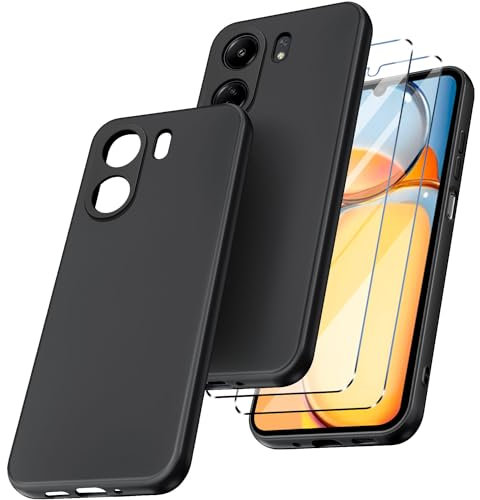 New&Teck Schutzhülle für Xiaomi Redmi 13C+2 Displayschutz aus gehärtetem Glas, durchsichtiges Silikon-TPU-Softcase, Stoßfänger mit verstärkten Ecken (Schwarz)