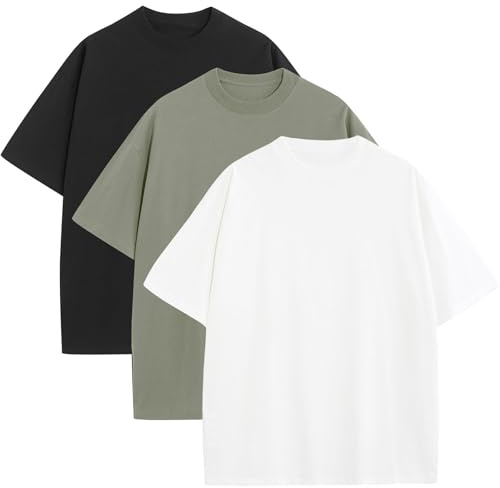 3 Pack Mens Oversized T-Shirts Fashion Loose Fit Crewneck Tshirt Streetwear Heavyweight Short Sleeve Tee Shirt Gym Workout Tops(WTAGBK,L)