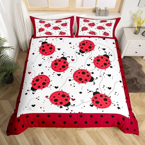 Homewish Red Ladybug Bettwäsche-Set King Size, Kinder Cartoon Marienkäfer Bettbezug, niedlicher Marienkäfer Reptilien-Bettbezug für Mädchen Teenager Schlafzimmer Dekor, Käfer Käfer Muster Quilt Cover,