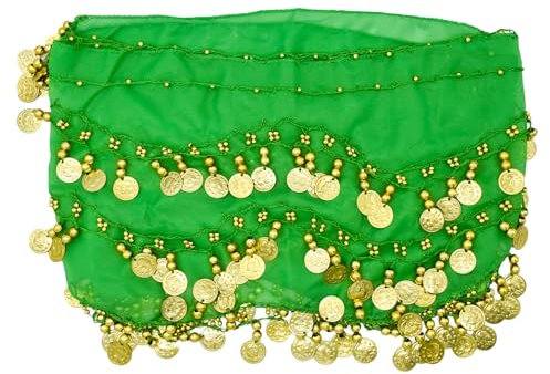 PAITOK Bauchtanz Hüfttuch, Frauens Bauchtanz Gürtel mit 128 Goldmünzen Tänzer Schal Kostüme Mädchen Tanzrock Wickelgürtel (Grün)