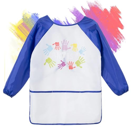 WKRTDY Malschürze Kinder, Malkittel Kinder Wasserdicht Kinder malschürze 2-8 Jahre Mädchen/Junge, Bastelschürze Malerkittel für Kinder mit 3 Taschen für Kunst,Kochen, Laboraktivität