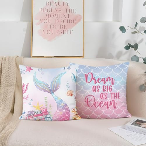 Bonhause Federe per Cuscini Sirena 45 x 45 cm Copricuscini Decorativi Stella Marina Rosa Viola Federa per Cuscino Divano Camera Bambini Ragazze Decorazione Set di 2