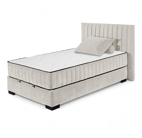 NAGOL C Boxbett 120x200, Sand - Bequemes Bett mit Bettkasten und Premium 9-Zonen-Federkern Wendematratze - 145 x 114 x 214 cm (B/H/T)