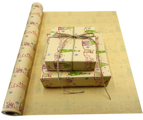 Jumbo-Geschenkpapierrolle: 60 cm x 12 m, recycelbares Weihnachts-Kraftpapier mit Weihnachtsbaum und Schneeflocke für Weihnachts-, Geburtstags-, Hochzeits- und Festgeschenkdekorationen