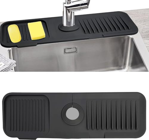Kitchen Sink Splash Guard, 17.7” x 5.5” Silicone Faucet Sink Splash Guard, Faucet Drain Mat for Kitchen Bathroom and Counter, Splash Drying Countertop Sink Protectors Absorbent Mat (Black1)