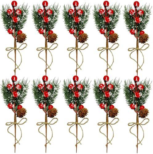 10 Pcs Artificial Pine Picks, Christmas Artificial Pine Needles with Red Berries Christmas Tree Decoration for Christmas Party Easter Thanksgiving Day Decor Garland Tree Table Decorations