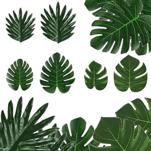 RHQFDM Feuilles Palmier artificielles 48 Pcs Décorations de Feuilles Tropicales Feuilles Monstera Feuilles de Palmier Vertes pour thème de Plage hawaïenne Décorations de fête de la Jungle Tropicale