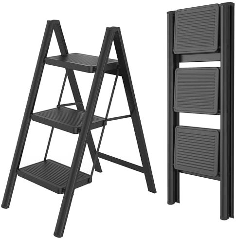 Aufun Escalera plegable de 3 peldaños, con pedal antideslizante ancho, escalera doméstica, taburete multifuncional, fácil de guardar hasta 270 kg, escalera para el hogar, oficina, color negro