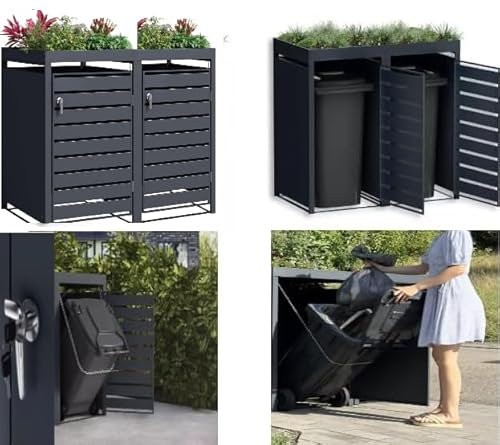 DWD® Garden Double Wheelie Bin Hideaway with Plant Roof 120L / 240L Waste Bin Storage Shed w/Locking Door Outdoor Hygienic Rustproof Dustbin Cover Powder coated Steel Matt Grey RAL7016 Grey Slats