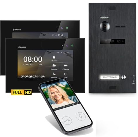 SCHUTZER Balter EVO-HD Video-Türsprechanlage für 1 Familienhaus, 7 Touchscreen Monitor 175° Weitwinkelkamera, Nachtsicht, 2-Draht-Technologie (Schwarz/Schwarz mit Wi-Fi, 2 Monitor)