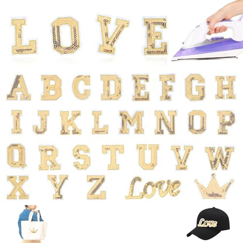 28 Pcs Gold Sequin Iron on Letters Patches, A-Z Alphabet Patches Iron on Appliques Love Design Sew on Patches, Glitter Sew Hotfix Letter Patches for Hats Bag Shirts Shoes DIY Supplies(Gold)