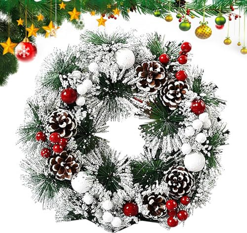 Coronas de Navidad para puerta delantera, coronas de puerta de 32 cm, corona de Navidad, cono de pino natural y bayas, guirnalda de Navidad artificial, decoraciones de Navidad para interiores y