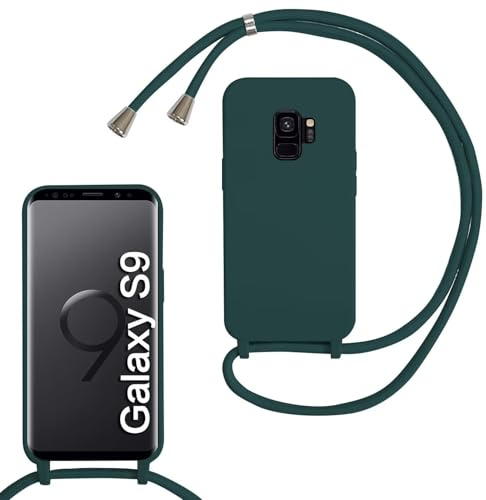 SLWYF Kompatibel mit Samsung Galaxy S9 Hülle, Handykette Hülle Silikon Seil Necklace Handyhülle mit Kordel Tasche TPU Bumper Schutzhülle für Galaxy S9 - Dunkelgrün