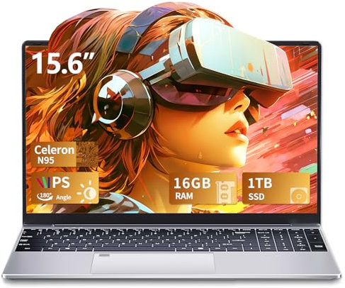 15,6 Portátil 16GB DDR4 1TB SSD, Ordenador portátil N95 CPU, Win 11 PC Portátil con Teclado Retroiluminado, Desbloqueo de huellas dactilares, 180° Flip Laptop con IPS pantalla, 2*USB 3.0, BT4.2