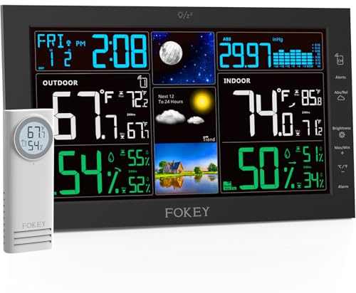 Fokey Weather Station Wireless Indoor Outdoor, Indoor Outdoor Thermometer Wireless, Home Atomic Clock Weather Stations, Digital Temperature Humidity Barometer Inside Outside Thermometers, Black